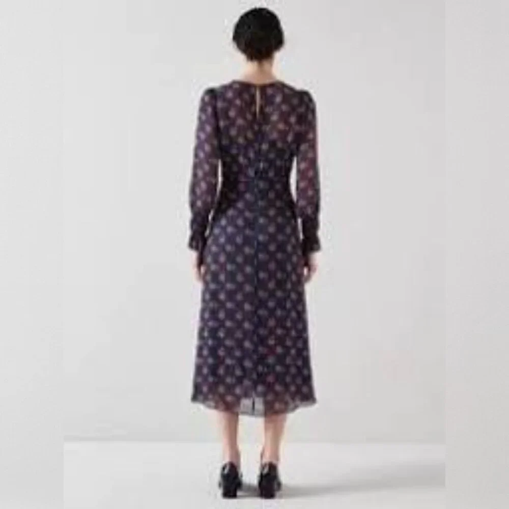 LK BENNETT Wren Blu-navy Multi Crewneck Floral-print Woven Midi Dress Sz 8 - Picture 2 of 8